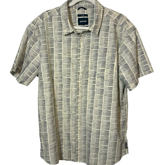 Prana Other - prAna Men’s Slim Fit Short Sleeve Button Up Shirt Cream Gray Print Size XL